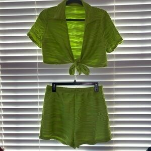 Green Tie-Front Crop Top and Shorts Set